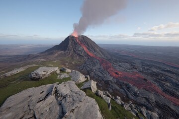 Volcanic eruption, lava flow, mountain peak