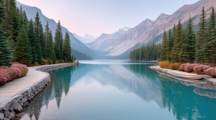 Tranquil Alpine Lake Reflects Majestic SnowCapped Mountains and Evergreen Forest Under a Soft Sunrise Sky