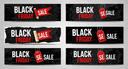 Naklejka premium Black friday sale banners collection, featuring red tags and grunge textures for promotional use