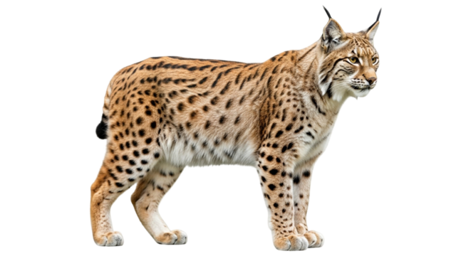 Eurasian lynx isolated on a transparent background, a wild cat species with distinctive tufted ears and spotted fur coat