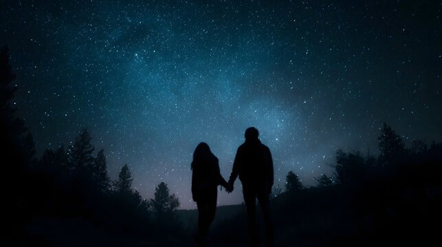 Silhouettes of a couple holding hands looking up at a vast sparkling starry night sky with the Milky Way visible over a dark forest landscape