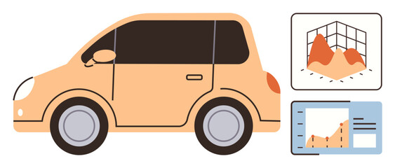 Compact car with side profile detail alongside two data visualization screens displaying graphs and analytics. Ideal for self-driving car, innovation, mobility, data analysis, technology, future