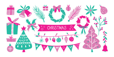 Set of isolated Christmas decoration elements in pink and green for holiday seasonal on transparent background.