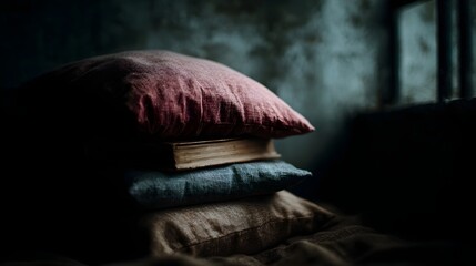 A stack of soft pillows and an old book rests in the dimly lit corner of a rustic cell evoking a mood of quiet contemplation and confinement