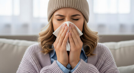 Young woman in a winter hat and sweater blowing her nose into a tissue due to a cold or allergies indoors