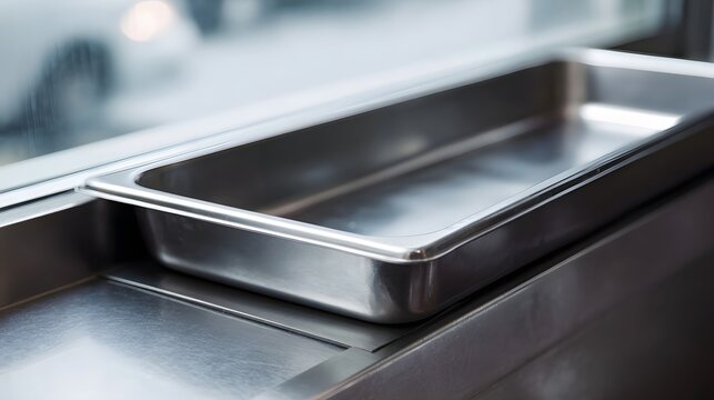 Reflective empty stainless steel food tray on a commercial kitchen surface