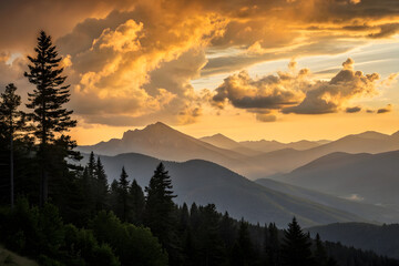 Obraz premium Silhouetted pine trees against a vibrant sunset sky over mountain layers mountains