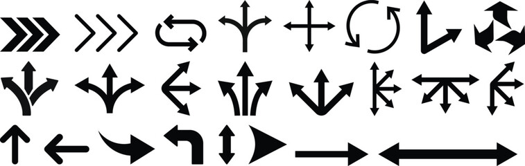 Way direction arrow sign icon set. three arrow, way sign, road direction icon vector. three-way direction arrow sign.Way pointer symbol. Turn arrow navigation sign. Traffic route vector illustration.