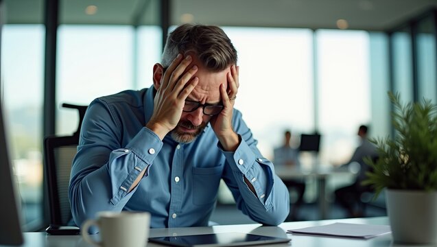 Stress, burnout and workplace pressure with a mature businessman feeling overwhelmed and frustrated at his office desk