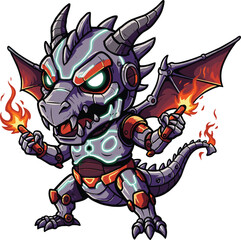 Cybernetic Fire Dragon with Glowing Circuits, Metallic Armor, and Flaming Wings in Futuristic Fantasy Vector Illustration Design