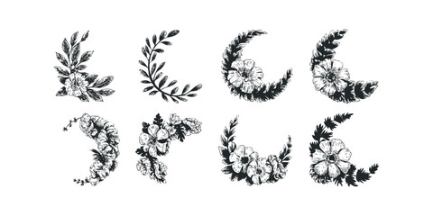 Floral botanical corner ornaments and decorative leafy branches