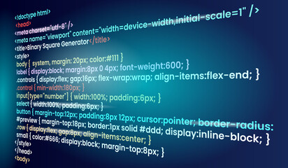 Blue HTML CSS code glowing on dark screen showing web development syntax and programming structure