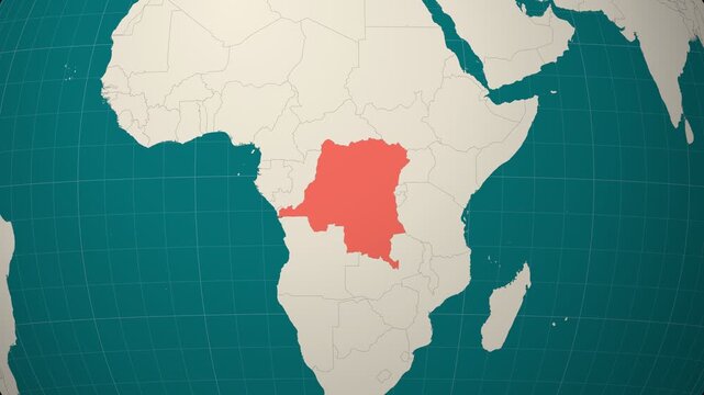 Democratic Republic of the Congo map. Animated zoom into the country on the Globe in Teal Pale Mint color palette. Country logo animation. Map with meridians, parallels. Appealing video.