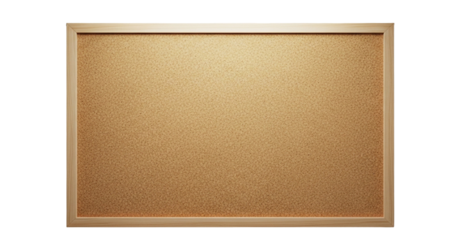 Empty cork board with a light wooden frame isolated on transparent background, perfect for displaying notes and reminders