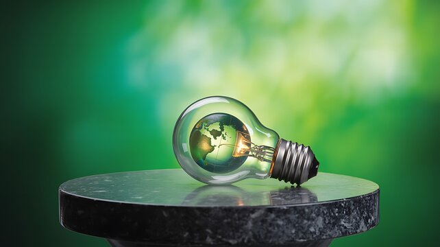 Earth inside transparent light bulb on dark pedestal symbolizing sustainability