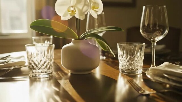 Elegantly set dining table featuring crystal glasses silverware plates and a white orchid centerpiece bathed in soft natural light indoors
