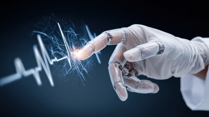Fototapeta premium Futuristic Robotic Hand Interacting With Digital Heartbeat Waveform in a Dark Environment Showcasing Advanced Technology
