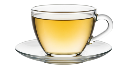 A clear glass cup of golden tea sits on a matching saucer, isolated on transparent background, ready to be enjoyed