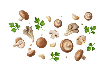 Fresh Mushrooms, Garlic, and Parsley Flat Lay on White - Healthy Culinary Ingredients