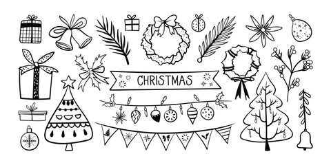 Set of isolated Christmas decoration elements in black outline and white plain for holiday seasonal on transparent background.