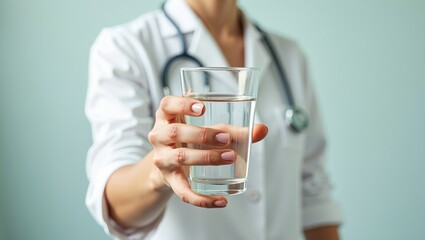 Health and hydration concept with a doctor recommending a glass of pure, clean water for wellness and healthy lifestyle