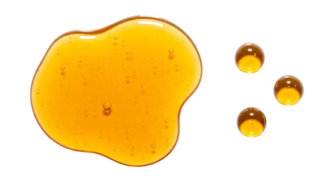 Honey puddle and three honey drops isolated on transparent background, top view, natural sweetness and healthy food concept