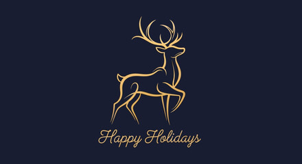 Elegant golden deer silhouette gracefully poised above 'Happy Holidays' script on a sophisticated navy background, perfect for festive greetings