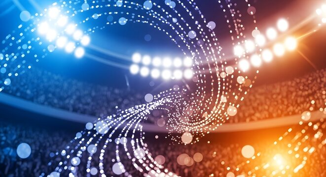 Abstract illustration of a digital sports arena with brilliant stadium lights and energetic swirling light trails, conveying excitement and advanced technology