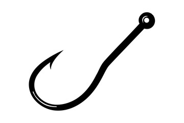 Fototapeta premium A simple black silhouette of a fishing hook with a sharp barb and a circular eye for attaching to a line isolated on a white background silhouette