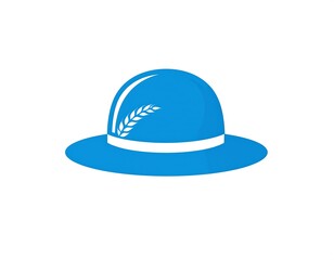 A stylized blue hat with a white band, and a wheat sprig