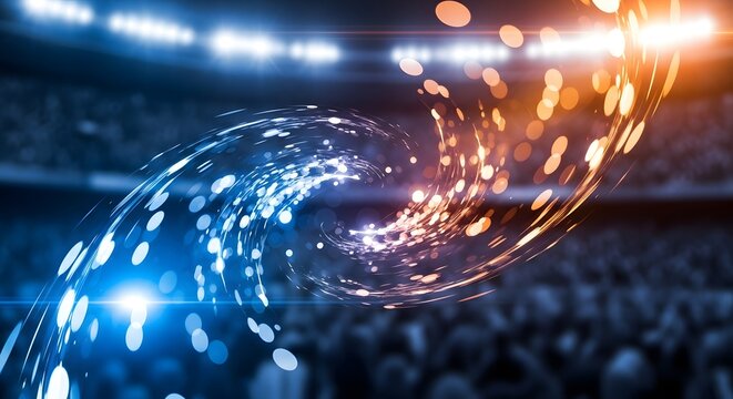 Dynamic concept of competition featuring swirling blue and orange energy lights against a blurred stadium crowd background
