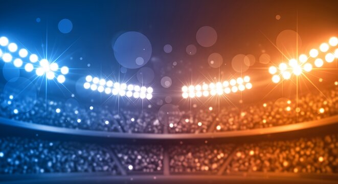 Vibrant sports arena illumination with energetic crowd silhouettes creating a dynamic atmosphere for a grand event - Powered by Adobe