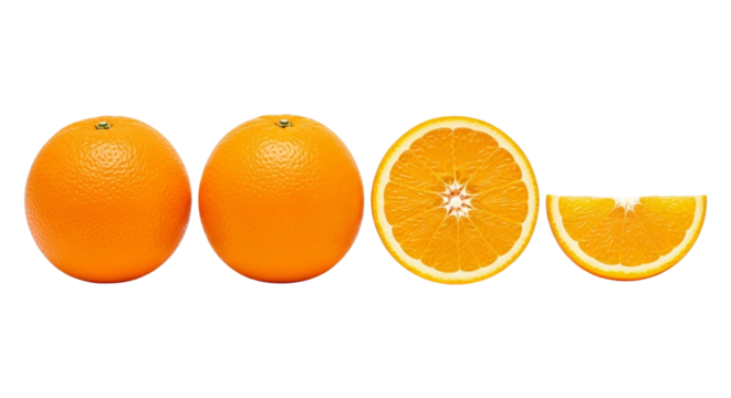 Four oranges, two whole, one sliced in half, and one quartered isolated on transparent background, a citrus fruit