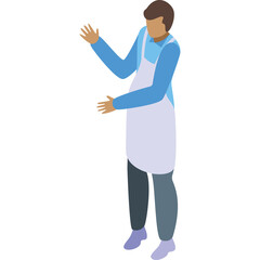 Pixelated isometric illustration of a man wearing a light blue collared shirt a white apron and dark pants with purple shoes gesturing with both hands in a welcoming pose on a transparent background