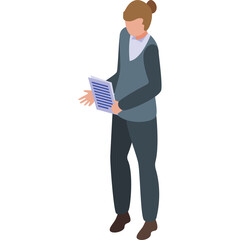 Pixelated Isometric Illustration of a Person in a Blue Vest and Dark Pants Holding a Document with Both Hands on a White Background