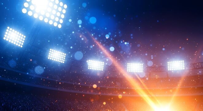 Dynamic stadium lighting illuminates a grand sports arena, creating an electrifying atmosphere for a thrilling event under brilliant spotlights