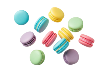 Vibrant Pastel Macarons Scattered on White - Delicious French Sweets Collection