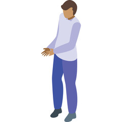 Pixelated Isometric Man In Blue Pants And Light Purple Sweater With Arms Outstretched In A White Void Background