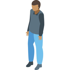 Pixelated Isometric Man In Blue Pants And Grey Vest Stands With Hands Slightly Out To The Sides On A White Background With A Transparent Overlay For Design