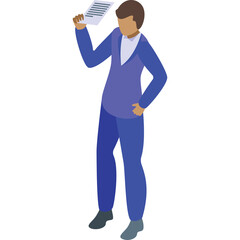 Pixelated Isometric Man In Blue Suit Holding Paper Document With Text Looking Serious In A Transparent Background