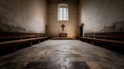 Empty chapel interior with traditional wooden benches and a central cross