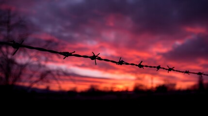 Barbed wire fence silhouetted against a dramatic and vibrant sunset sky of purple and red