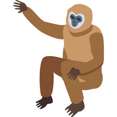 Pixelated Brown Gibbon Ape Sitting Reaching Out Left Arm White Background Flat Design Illustration