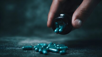 A close up of a hand pouring blue capsules from a dark bottle onto a textured surface