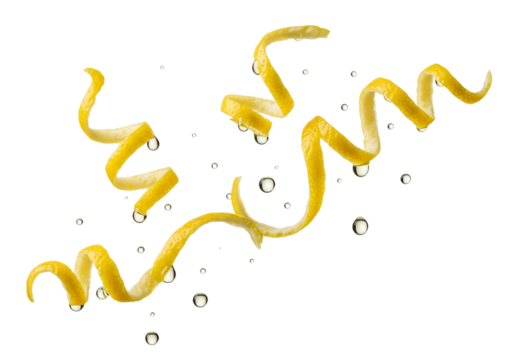 Refreshing Lemon Zest Spirals with Sparkling Bubbles on White