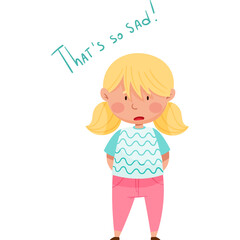 Pixelated Cartoon Sad Little Girl with Blonde Pigtails Wearing Pink Pants and Blue Shirt Expressing Sorrow