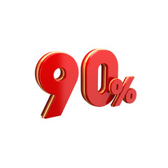 3D Red & Gold 90 Percent Symbol Isolated on Transparent Background. Ideal for sales, promotions, discounts, or marketing campaigns. Perfect for use in retail banners, Ecommerce designs, and price tag