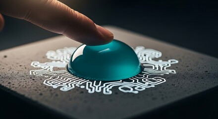 A finger hovers over a luminous blue dome atop a square surface etched with intricate white circuitry, suggesting a futuristic interface or advanced technology control panel, bathed in soft light