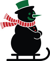 Whimsical black snowman with green hat and red scarf on a sled fun winter scene