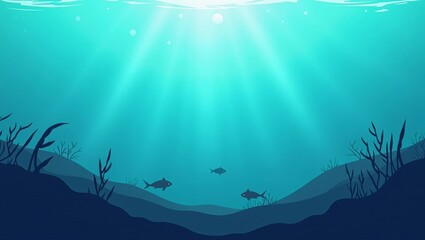 Obraz premium Deep sea background of an underwater ocean scene with sunlight rays filtering through water to the seabed with fish